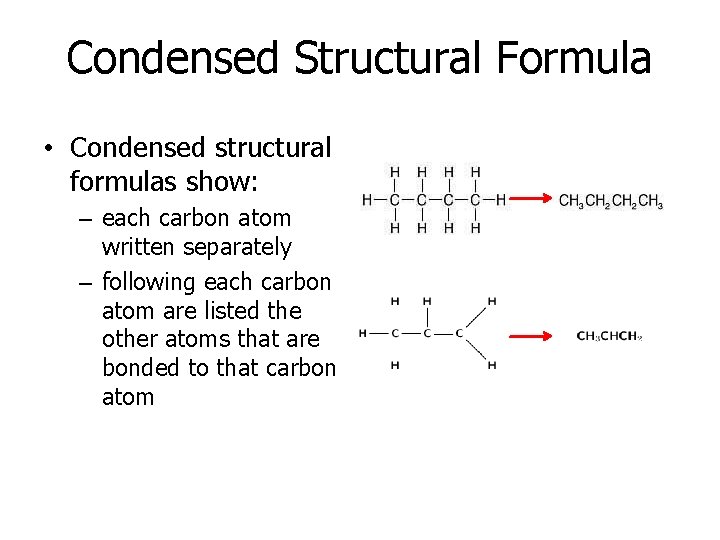 Condensed Structural Formula • Condensed structural formulas show: – each carbon atom written separately