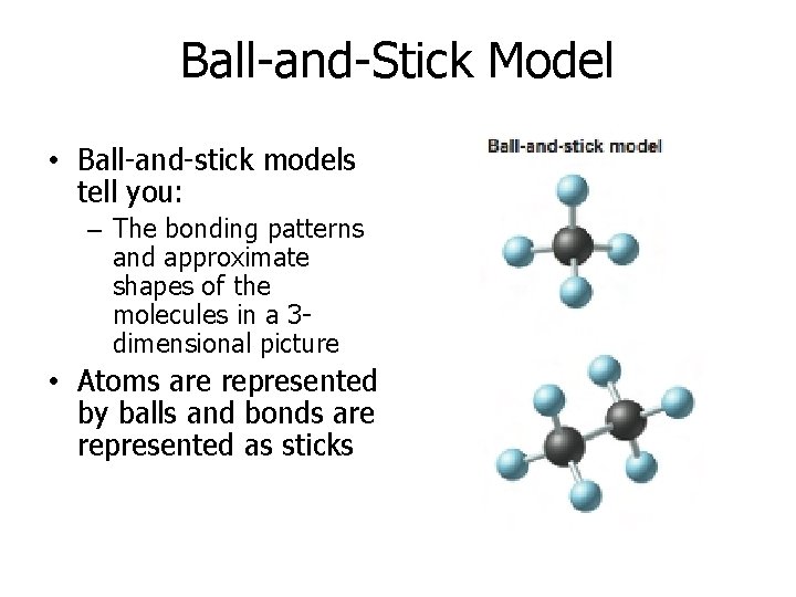 Ball-and-Stick Model • Ball-and-stick models tell you: – The bonding patterns and approximate shapes