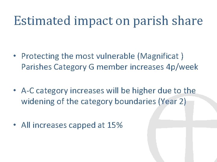 Estimated impact on parish share • Protecting the most vulnerable (Magnificat ) Parishes Category