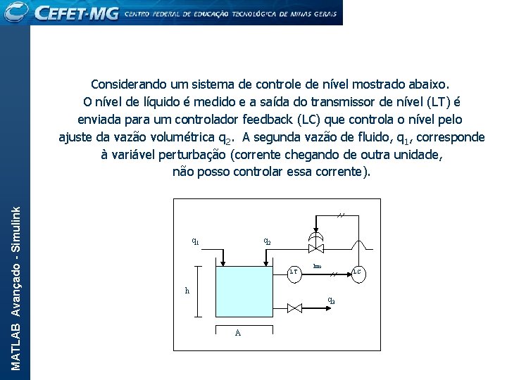 MATLAB Avançado - Simulink Considerando um sistema de controle de nível mostrado abaixo. O