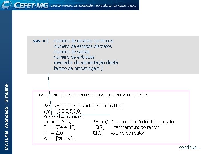 MATLAB Avançado - Simulink sys = [ número de estados contínuos número de estados