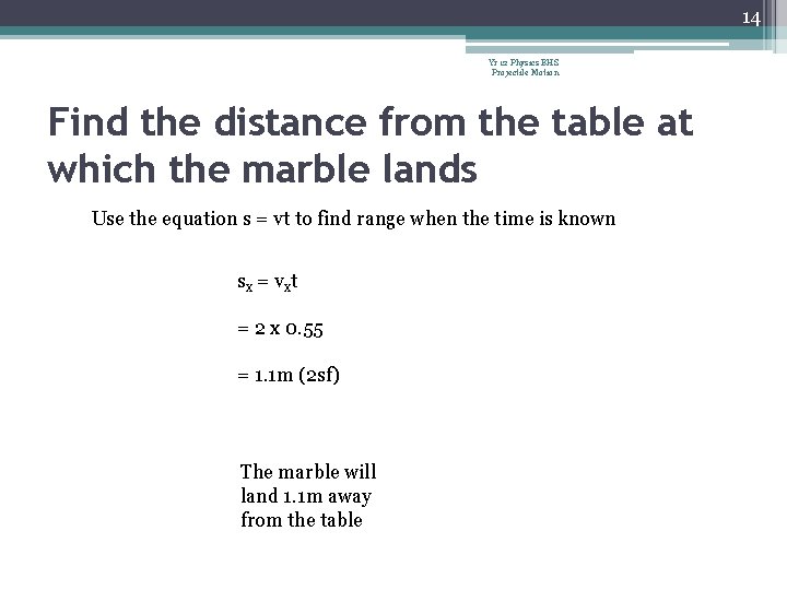 14 Yr 12 Physics BHS Projectile Motion Find the distance from the table at