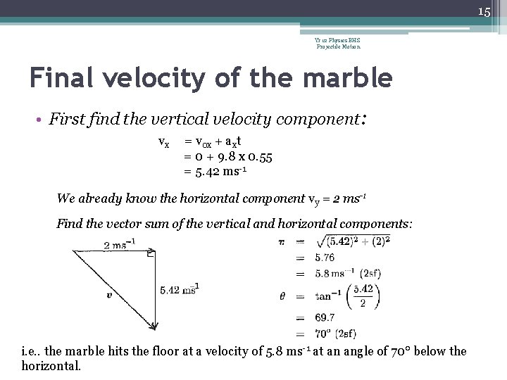 15 Yr 12 Physics BHS Projectile Motion Final velocity of the marble • First