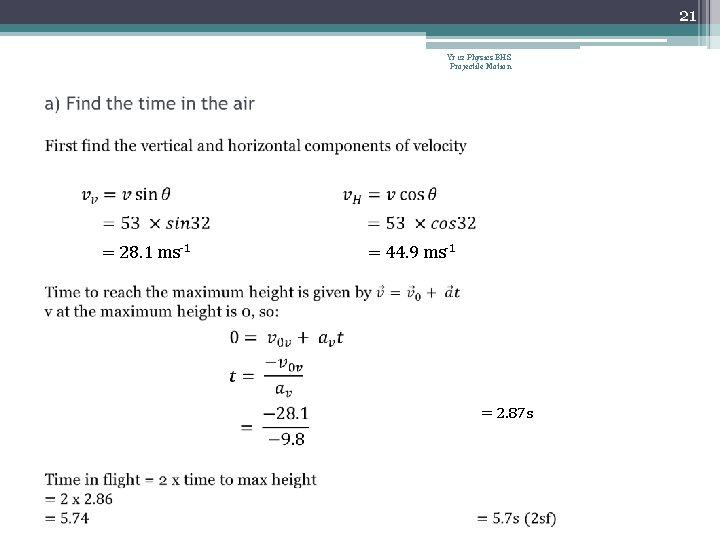 21 Yr 12 Physics BHS Projectile Motion = 28. 1 ms-1 = 44. 9