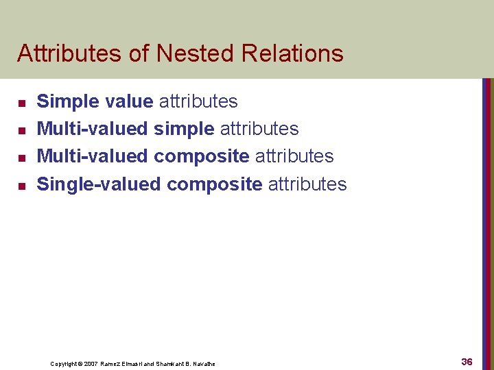 Attributes of Nested Relations n n Simple value attributes Multi-valued simple attributes Multi-valued composite