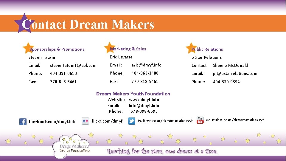 Contact Dream Makers Sponsorships & Promotions Marketing & Sales Public Relations Steven Tatum Eric