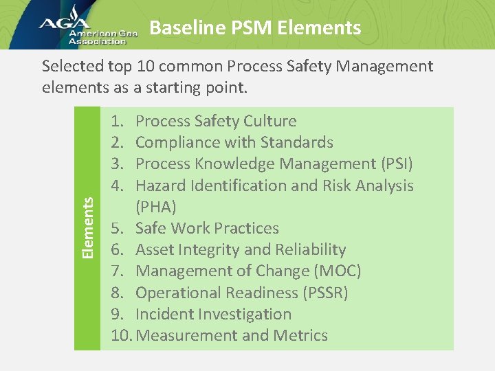 Baseline PSM Elements 1. 2. 3. 4. Elements Selected top 10 common Process Safety