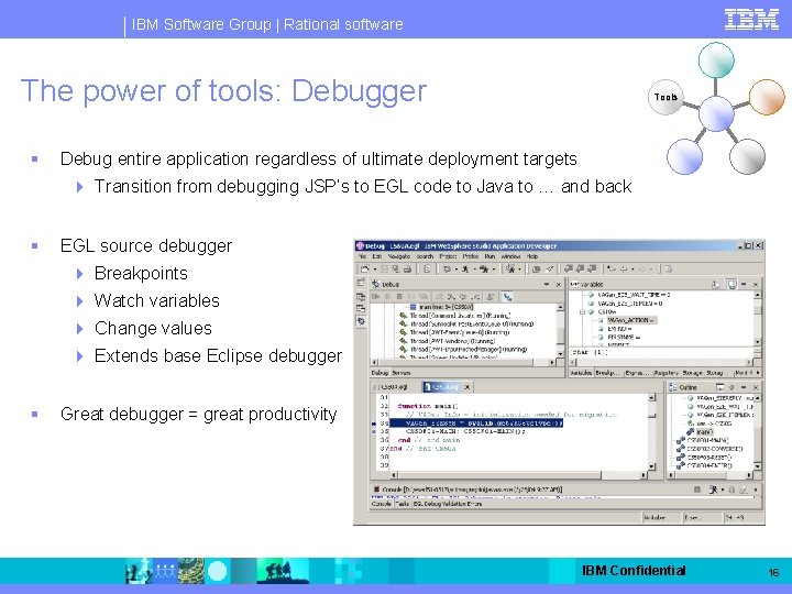 IBM Software Group | Rational software The power of tools: Debugger § Tools Debug