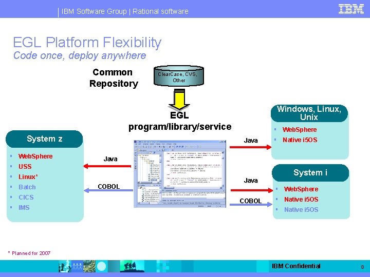 IBM Software Group | Rational software EGL Platform Flexibility Code once, deploy anywhere Common