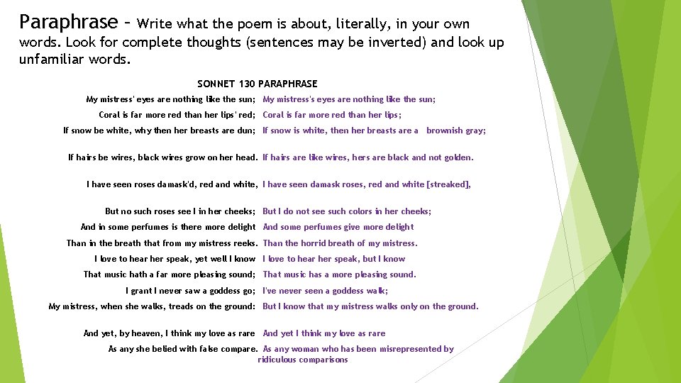 Paraphrase – Write what the poem is about, literally, in your own words. Look