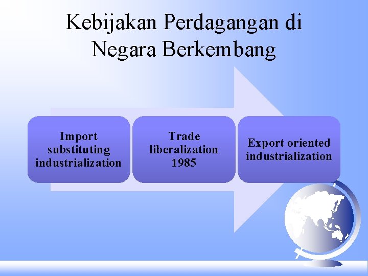 Kebijakan Perdagangan di Negara Berkembang Import substituting industrialization Trade liberalization 1985 Export oriented industrialization