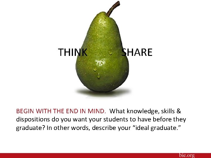 THINK SHARE BEGIN WITH THE END IN MIND. What knowledge, skills & dispositions do