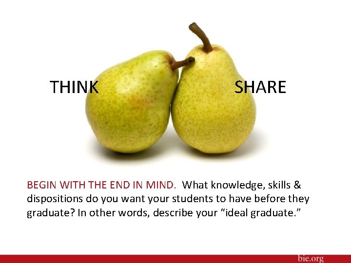 THINK SHARE BEGIN WITH THE END IN MIND. What knowledge, skills & dispositions do