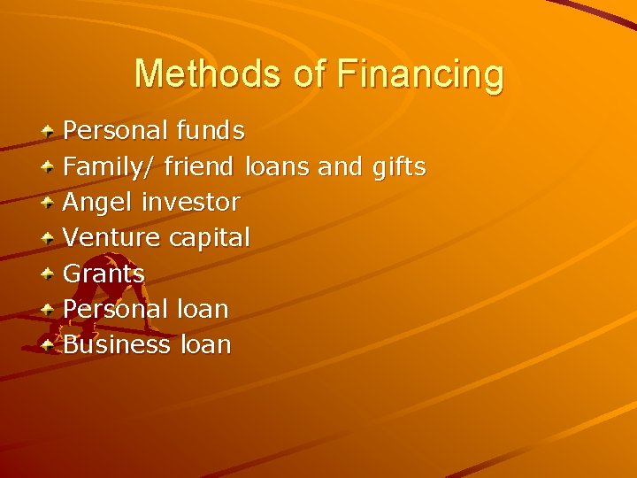 Methods of Financing Personal funds Family/ friend loans and gifts Angel investor Venture capital