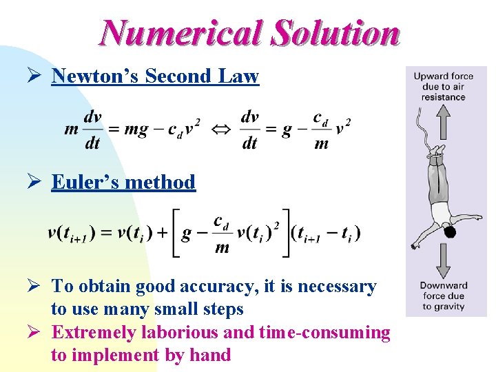 Numerical Solution Ø Newton’s Second Law Ø Euler’s method Ø To obtain good accuracy, Numerical Solution Ø Newton’s Second Law Ø Euler’s method Ø To obtain good accuracy,