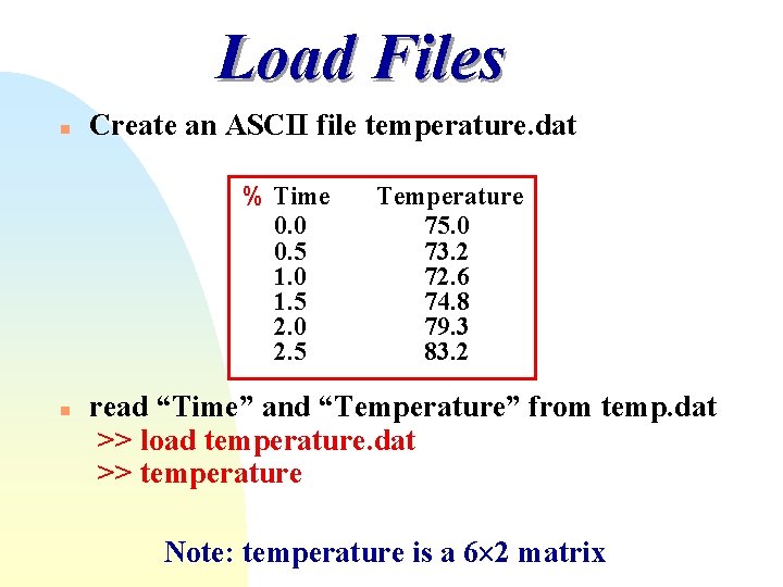 Load Files n Create an ASCII file temperature. dat % Time 0. 0 0. Load Files n Create an ASCII file temperature. dat % Time 0. 0 0.