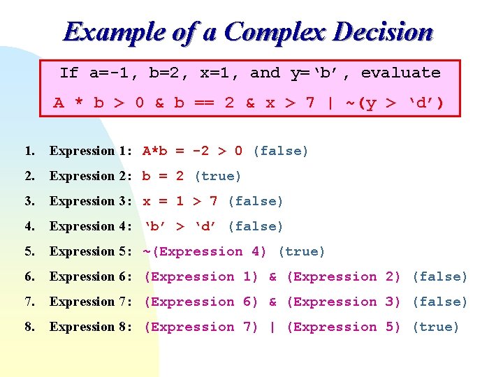 Example of a Complex Decision If a=-1, b=2, x=1, and y=‘b’, evaluate A * Example of a Complex Decision If a=-1, b=2, x=1, and y=‘b’, evaluate A *