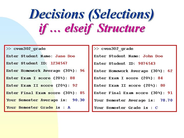 Decisions (Selections) if … elseif Structure >> cven 302_grade Enter Student Name: Jane Doe Decisions (Selections) if … elseif Structure >> cven 302_grade Enter Student Name: Jane Doe