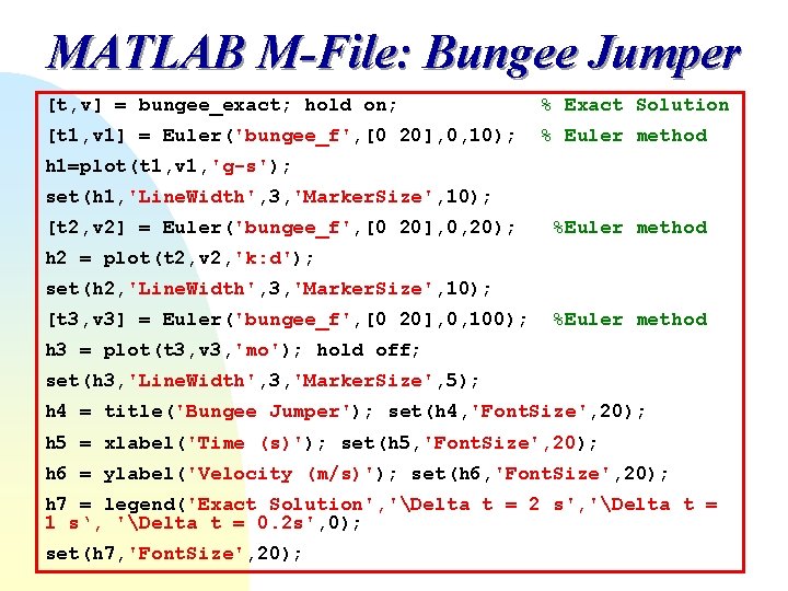 MATLAB M-File: Bungee Jumper [t, v] = bungee_exact; hold on; % Exact Solution [t