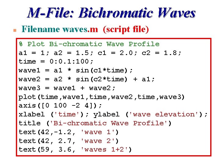 M-File: Bichromatic Waves n Filename waves. m (script file) % Plot Bi-chromatic Wave Profile M-File: Bichromatic Waves n Filename waves. m (script file) % Plot Bi-chromatic Wave Profile