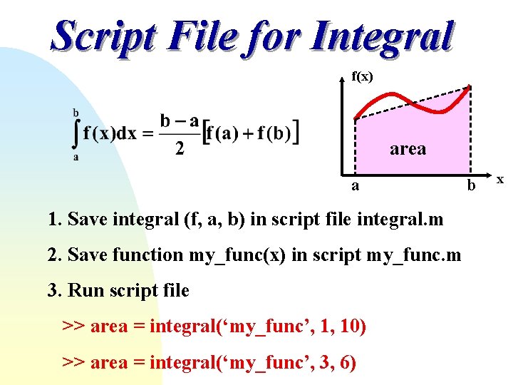Script File for Integral f(x) area a 1. Save integral (f, a, b) in Script File for Integral f(x) area a 1. Save integral (f, a, b) in