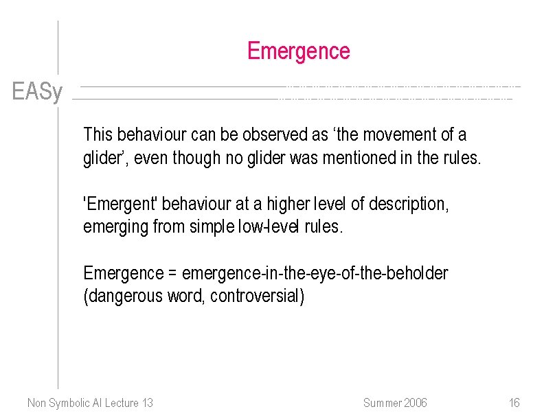 Emergence EASy This behaviour can be observed as ‘the movement of a glider’, even