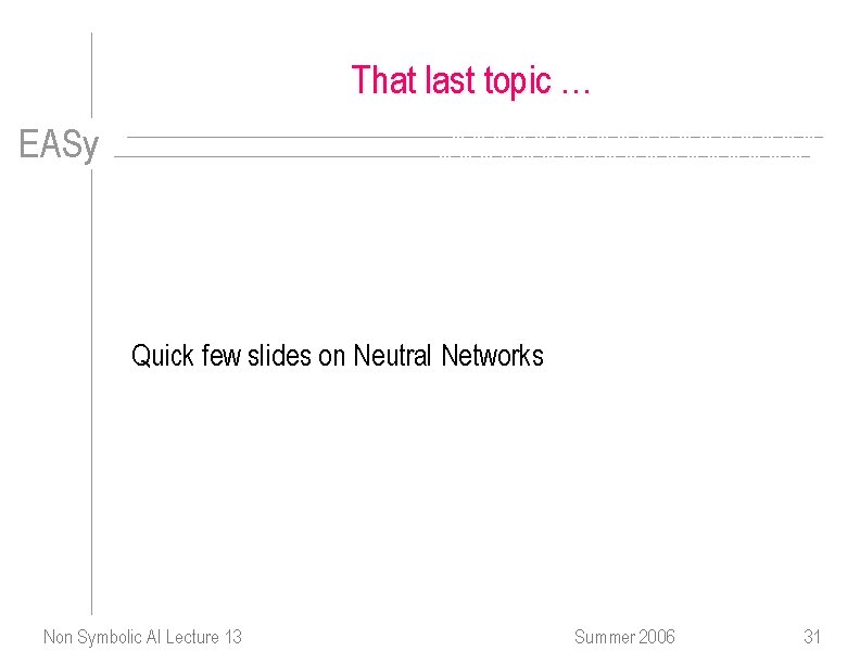 That last topic … EASy Quick few slides on Neutral Networks Non Symbolic AI