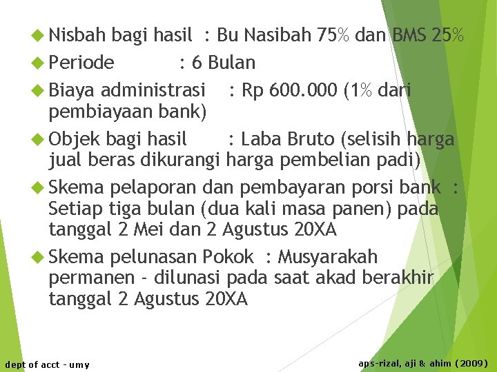  Nisbah bagi hasil : Bu Nasibah 75% dan BMS 25% Periode : 6