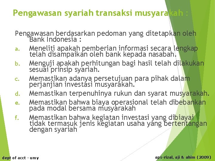 Pengawasan syariah transaksi musyarakah : Pengawasan berdasarkan pedoman yang ditetapkan oleh Bank Indonesia :