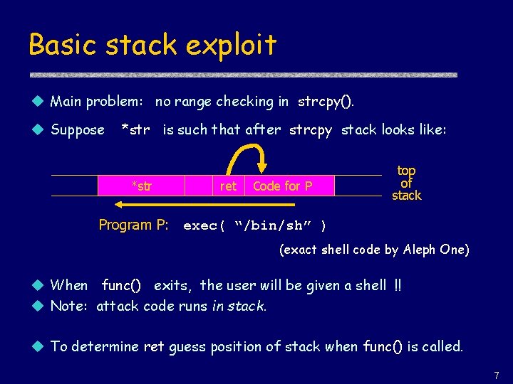 Basic stack exploit u Main problem: no range checking in strcpy(). u Suppose *str