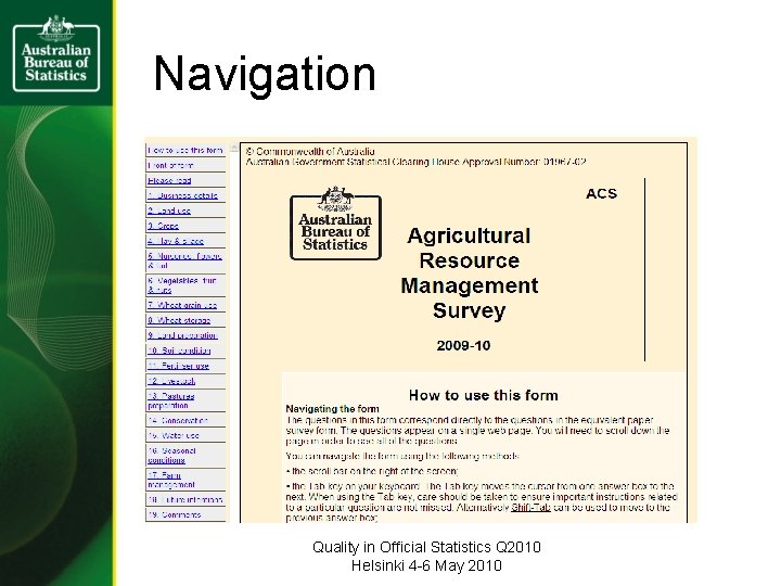 Navigation Quality in Official Statistics Q 2010 Helsinki 4 -6 May 2010 