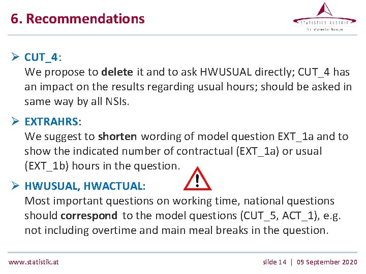 6. Recommendations Ø CUT_4: We propose to delete it and to ask HWUSUAL directly;