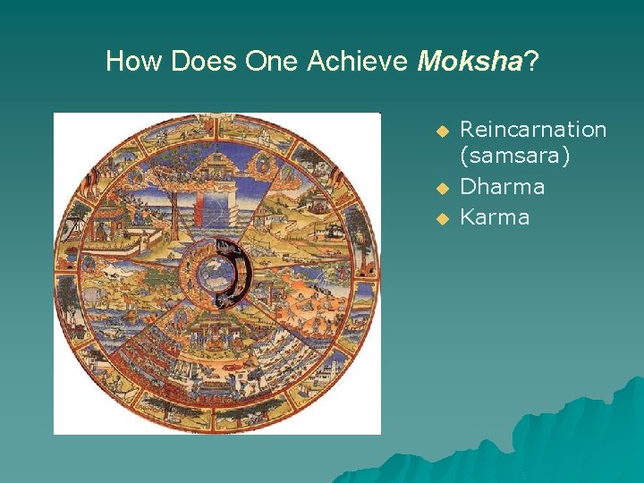 How Does One Achieve Moksha? u u u Reincarnation (samsara) Dharma Karma 