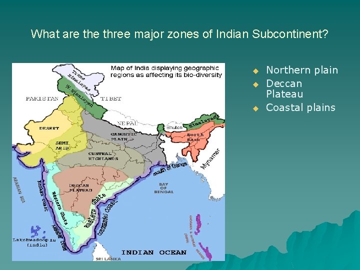 What are three major zones of Indian Subcontinent? u u u Northern plain Deccan