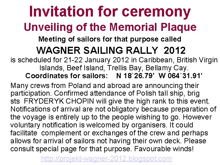 Invitation for ceremony Unveiling of the Memorial Plaque Meeting of sailors for that purpose
