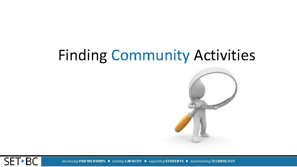 Finding Community Activities developing PARTNERSHIPS building CAPACITY supporting STUDENTS implementing TECHNOLOGY 