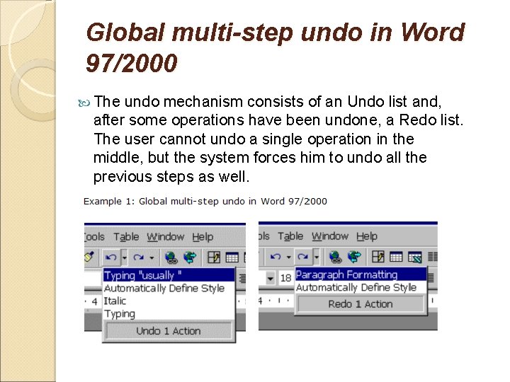 Global multi-step undo in Word 97/2000 The undo mechanism consists of an Undo list