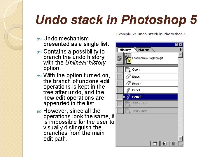 Undo stack in Photoshop 5 Undo mechanism presented as a single list. Contains a