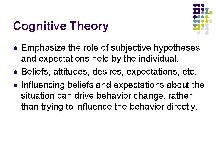 Cognitive Theory l l l Emphasize the role of subjective hypotheses and expectations held