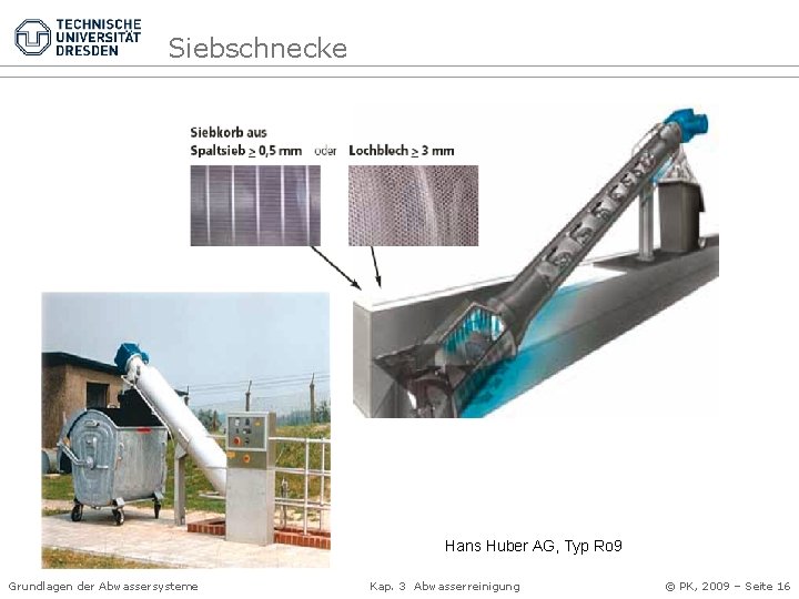 Siebschnecke Hans Huber AG, Typ Ro 9 Grundlagen der Abwassersysteme Kap. 3 Abwasserreinigung ©