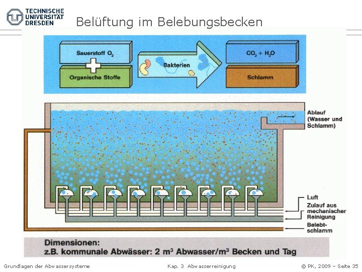 Belüftung im Belebungsbecken Grundlagen der Abwassersysteme Kap. 3 Abwasserreinigung © PK, 2009 – Seite