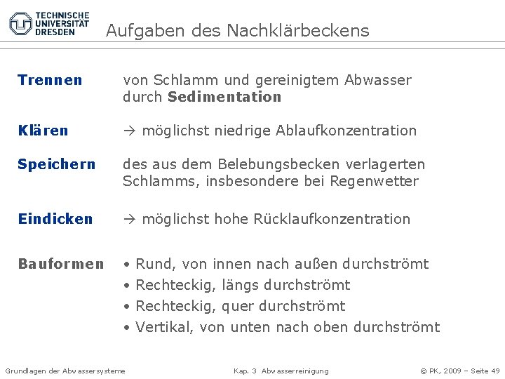 Aufgaben des Nachklärbeckens Trennen von Schlamm und gereinigtem Abwasser durch Sedimentation Klären möglichst niedrige