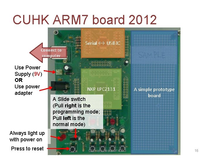 CUHK ARM 7 board 2012 Serial ↔ USB IC Connect to computer Use Power