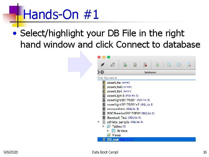 Hands-On #1 • Select/highlight your DB File in the right hand window and click