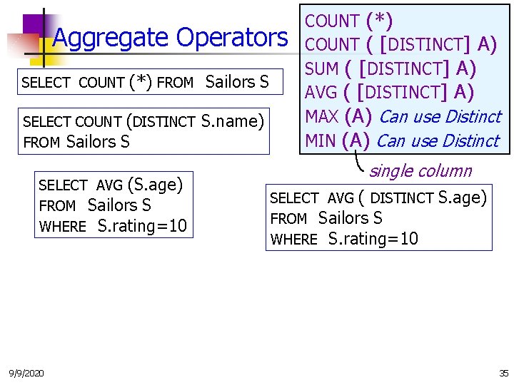 Aggregate Operators SELECT COUNT (*) FROM Sailors S SELECT COUNT (DISTINCT FROM Sailors S
