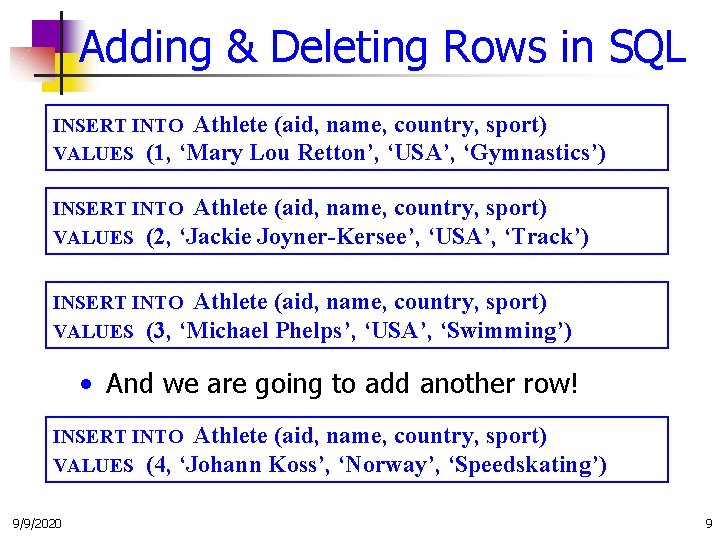 Adding & Deleting Rows in SQL INSERT INTO Athlete (aid, name, country, sport) VALUES