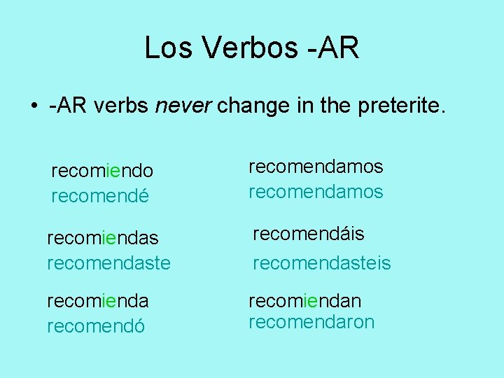 Los Verbos -AR • -AR verbs never change in the preterite. recomiendo recomendé recomendamos