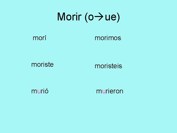 Morir (o ue) morí morimos moristeis murió murieron 