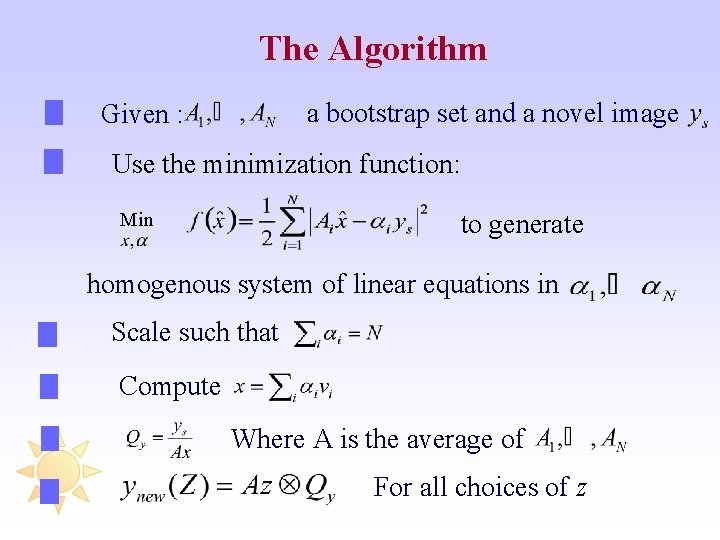 The Algorithm a bootstrap set and a novel image Given : Use the minimization