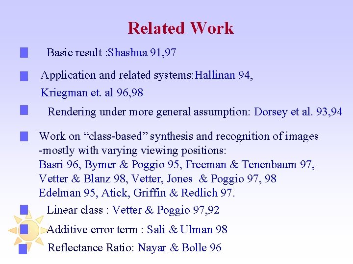 Related Work Basic result : Shashua 91, 97 Application and related systems: Hallinan 94,